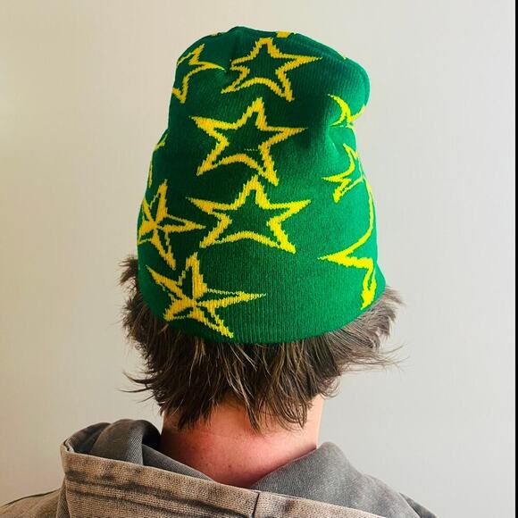 y2k grunge gothic punk green and yellow star beanie - Picture 2 of 7